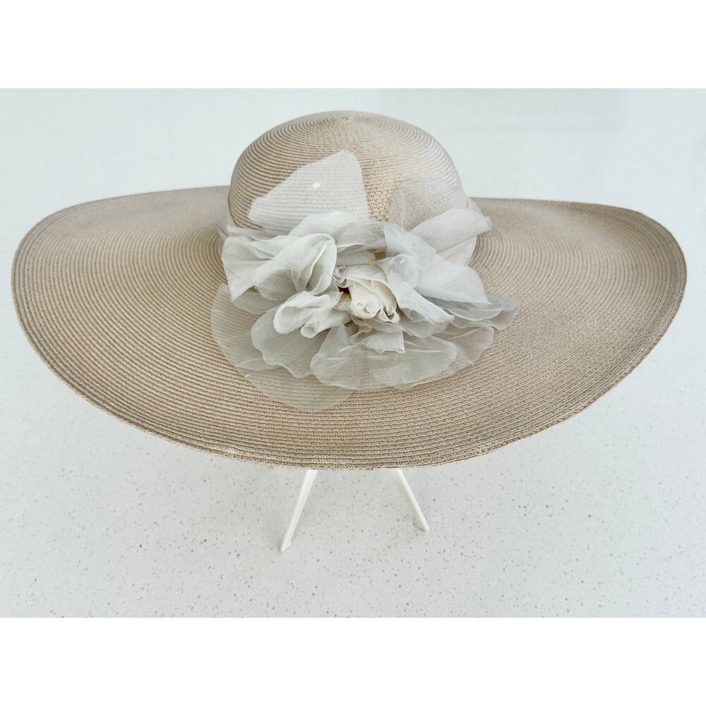 Joe Bill Miller Wide Brim Hat Cream Organza Flower Dress Hat NOS